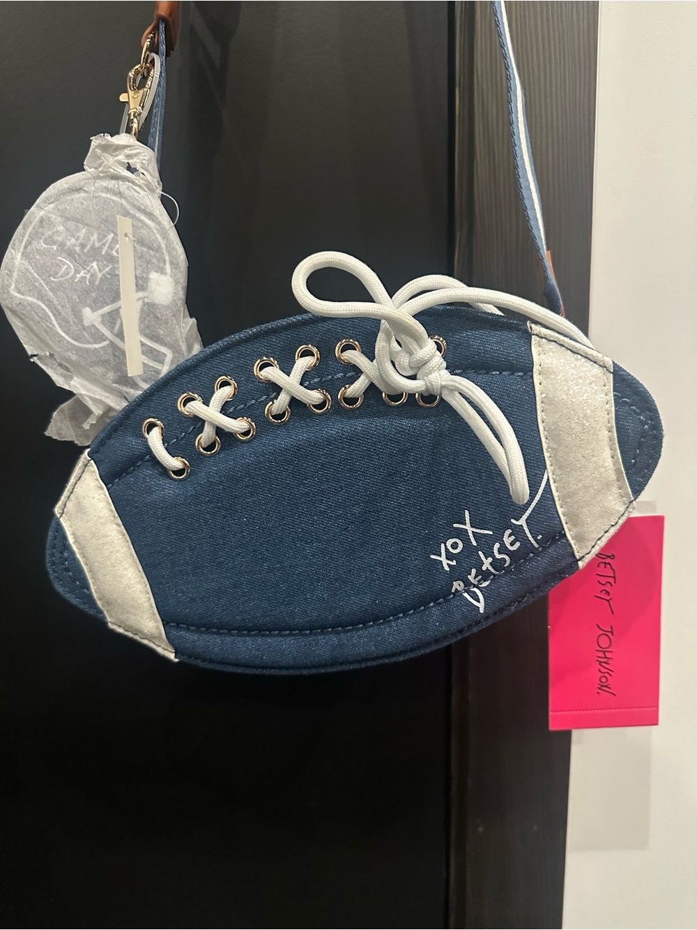 Betsey Johnson Denim & White Sparkles Football Crossbody Bag